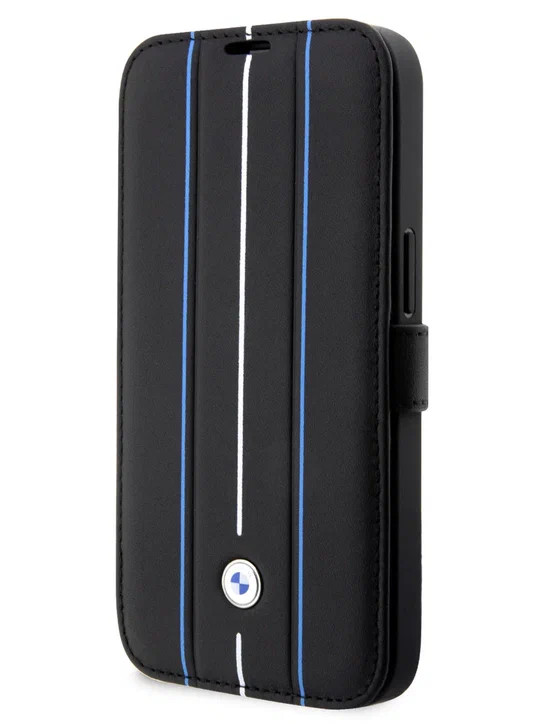 Кожаный чехол-книжка для iPhone 14 Pro Max BMW Signature Hot stamp lines Black (BMBKP14X22RVSK)