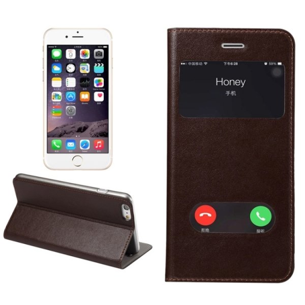 Кожаный чехол книжка для iPhone 6 Plus / 6S Plus с двумя окошками Caller ID (Brown)