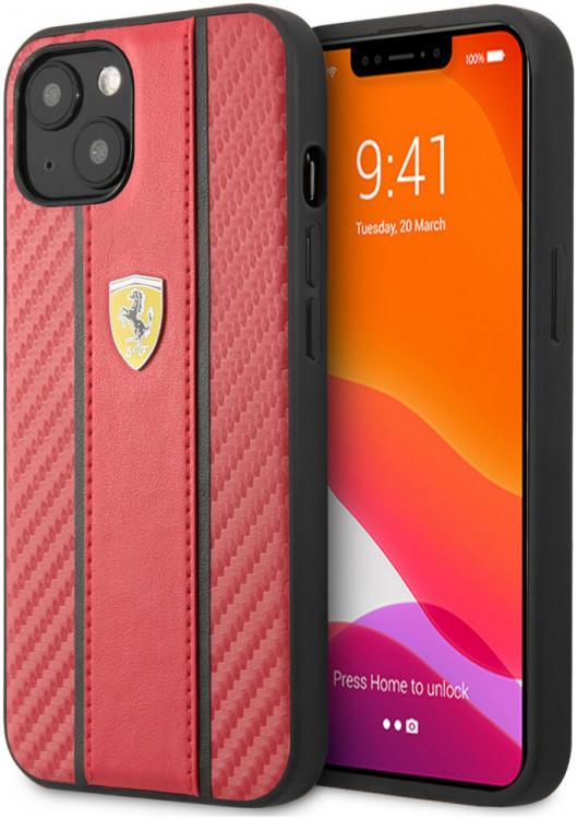 Чехол Ferrari для iPhone 13 PU Carbon/Smooth with metal logo Hard Red (FESNMHCP13MRE)