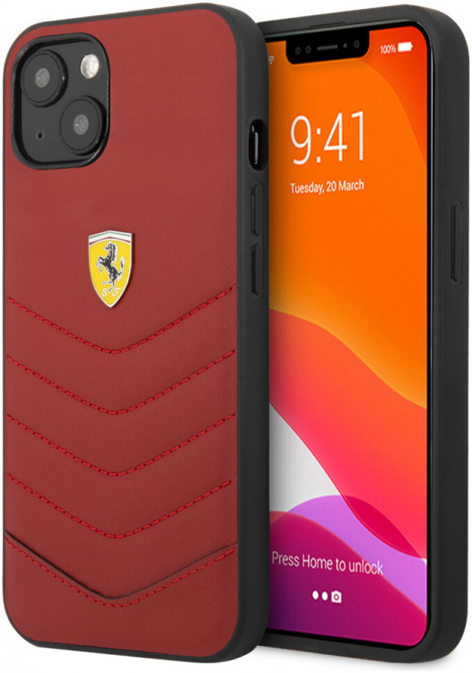 Кожаный чехол Ferrari для iPhone 13 mini Genuine leather Quilted with metal logo Hard Red (FEHCP13SRQUR)