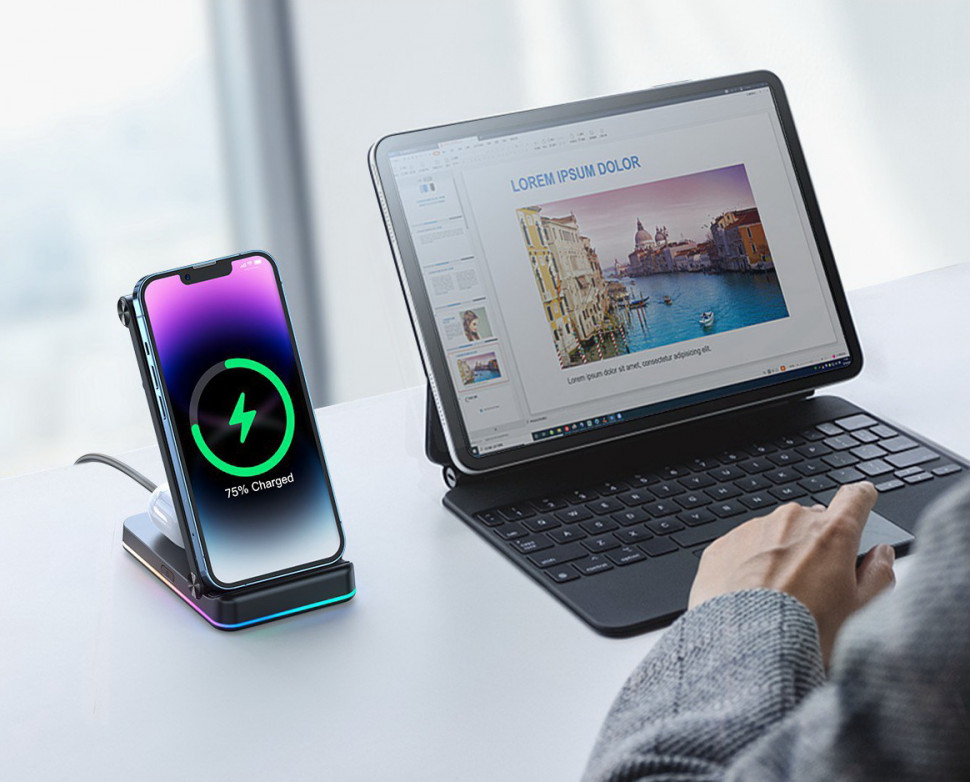 Купить беспроводную зарядку-подставку 15W 3в1 для смартфона, часов и ...