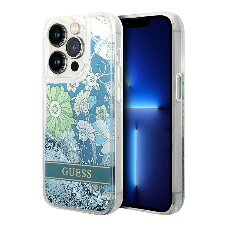 Чехол для iPhone 14 Pro Guess Liquid Glitter Flower Hard Green (GUHCP14LLFLSN)