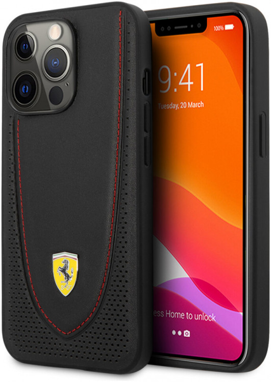 Кожаный чехол Ferrari для iPhone 13 Pro Genuine leather Curved with metal logo Hard Black (FEHCP13LRGOK)