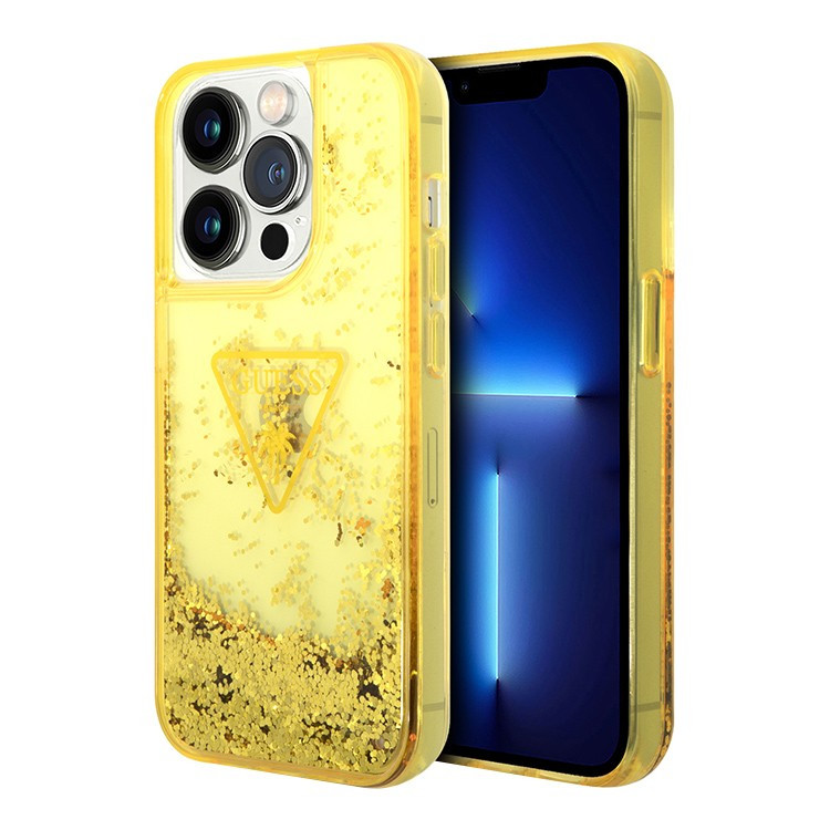 Чехол для iPhone 14 Pro Guess Liquid Glitter Triangle logo Hard Translucent Yellow (GUHCP14LLFCTPY)