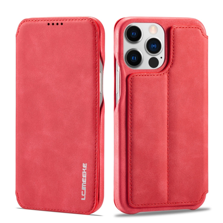 Кожаный чехол-книжка для iPhone 14 Pro LC.IMEEKE с магнитным флипом подставкой и разъемом для карт (Red)
