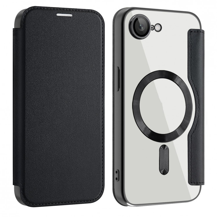 Чехол книжка для iPhone 16 MagSafe RFID с прозрачной панелью и разъемами под карточки (Black)