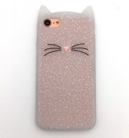 3D чехол с ушками для iPhone 7 / 8 / SE 2020 котенок с усами (Glitter White)