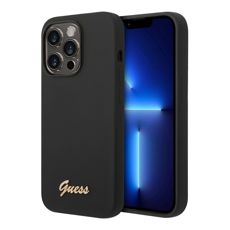 Чехол для iPhone 14 Pro Guess Liquid silicone Gold metal logo Hard Black (GUHCP14LSLSMK)