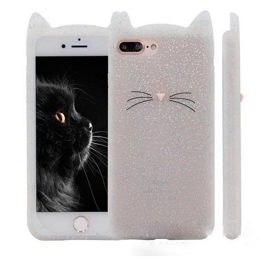 3D чехол с ушками для iPhone 6 / 6S котенок с усами (Glitter White)