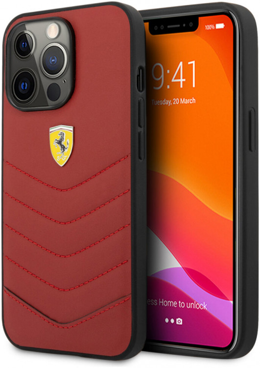 Кожаный чехол Ferrari для iPhone 13 Pro Genuine leather Quilted with metal logo Hard Red (FEHCP13LRQUR)