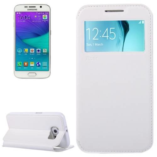 Кожаный чехол книжка для Samsung Galaxy S6 / G920 с окошком, подставкой и разъемами под карточки (белый)