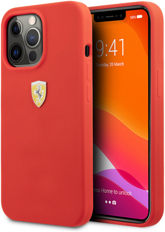 Чехол Ferrari для iPhone 13 Pro Liquid silicone with metal logo Hard Red (FESSIHCP13LRE)