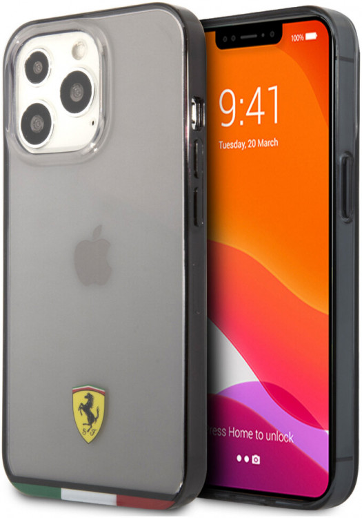 Чехол Ferrari для iPhone 13 Pro PC/TPU Italia stripe Hard Transparent/Black (FEHCP13LBITK)