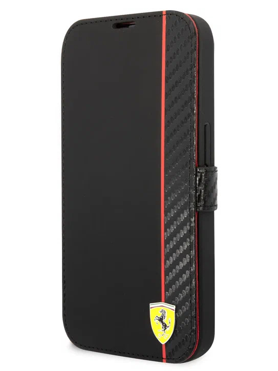 Чехол-книжка для iPhone 14 Pro Ferrari PU Smooth/Carbon Vertical with metal logo Black (FEBKP14LAXBK)