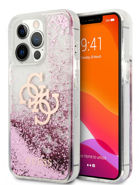 Чехол для iPhone 13 Pro Guess Liquid Glitter 4G Big logo Hard Pink (GUHCP13LLG4GPI)