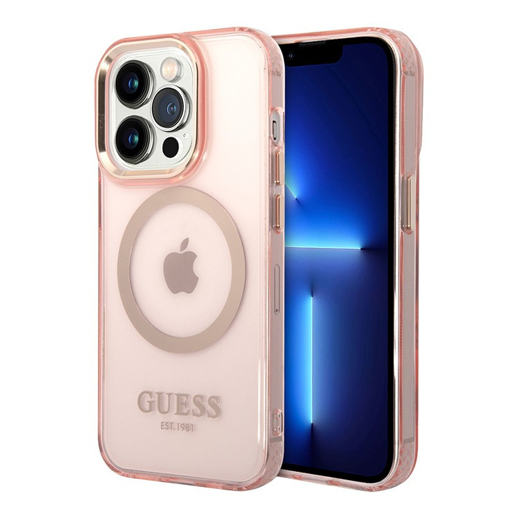 Чехол для iPhone 14 Pro Guess PC/TPU Metal outline Hard Translucent Pink/Gold (Magsafe) (GUHMP14LHTCMP)