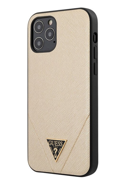 Чехол-накладка для iPhone 12 Pro Max (6.7) Guess Saffiano Triangle metal logo Hard PU, Gold (GUHCP12LVSATMLLG)