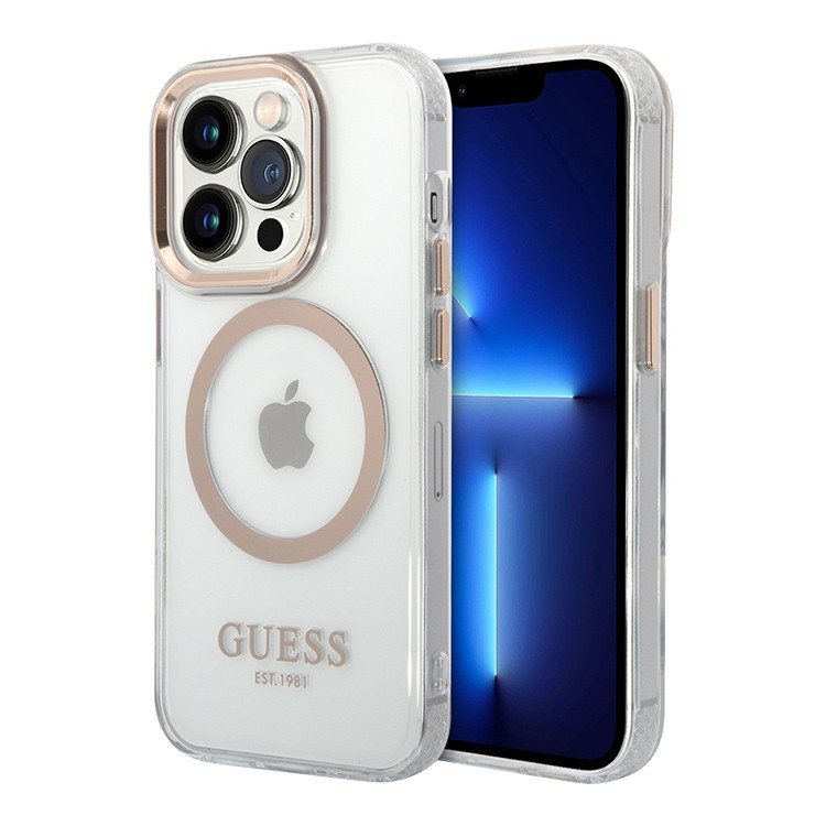 Чехол для iPhone 14 Pro Guess PC/TPU Metal outline Hard Transparent/Gold (Magsafe) (GUHMP14LHTRMD)