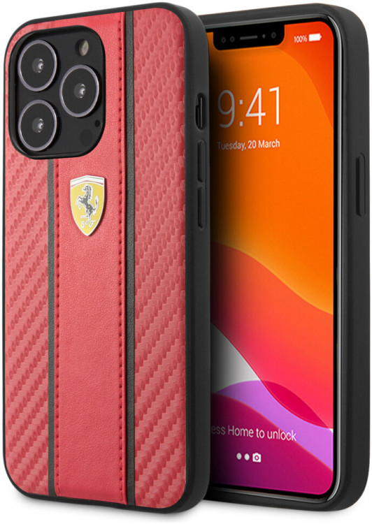 Карбоновый чехол Ferrari для iPhone 13 Pro PU Carbon/Smooth with metal logo Hard Red (FESNMHCP13LRE)