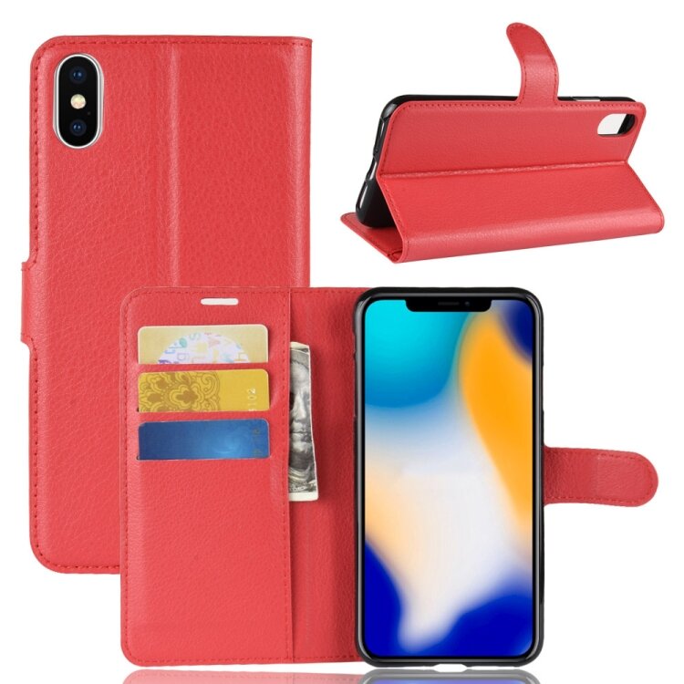 Кожаный чехол книжка для iPhone XS Max с разъемами для карточек (Red)