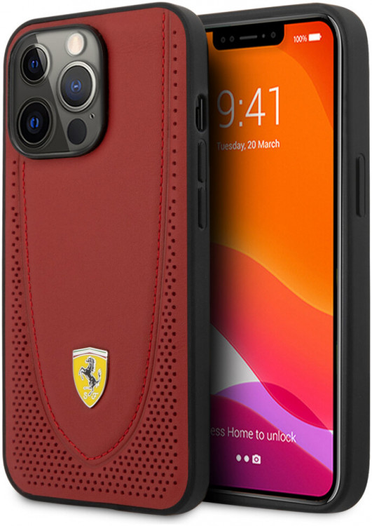 Кожаный чехол Ferrari для iPhone 13 Pro Max Genuine leather Curved with metal logo Hard Red (FEHCP13XRGOR)