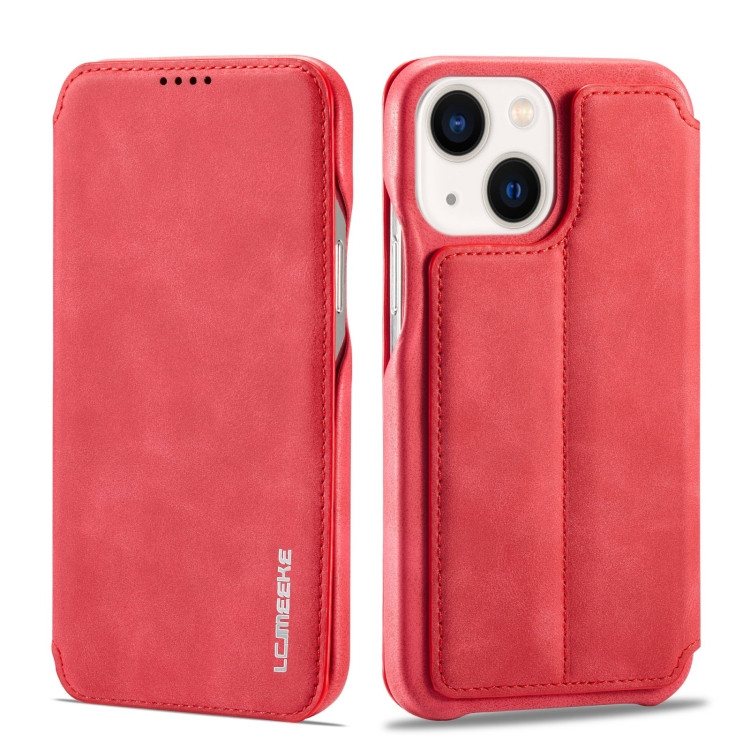 Кожаный чехол-книжка для iPhone 14 Plus LC.IMEEKE с магнитным флипом подставкой и разъемом для карт (Red)