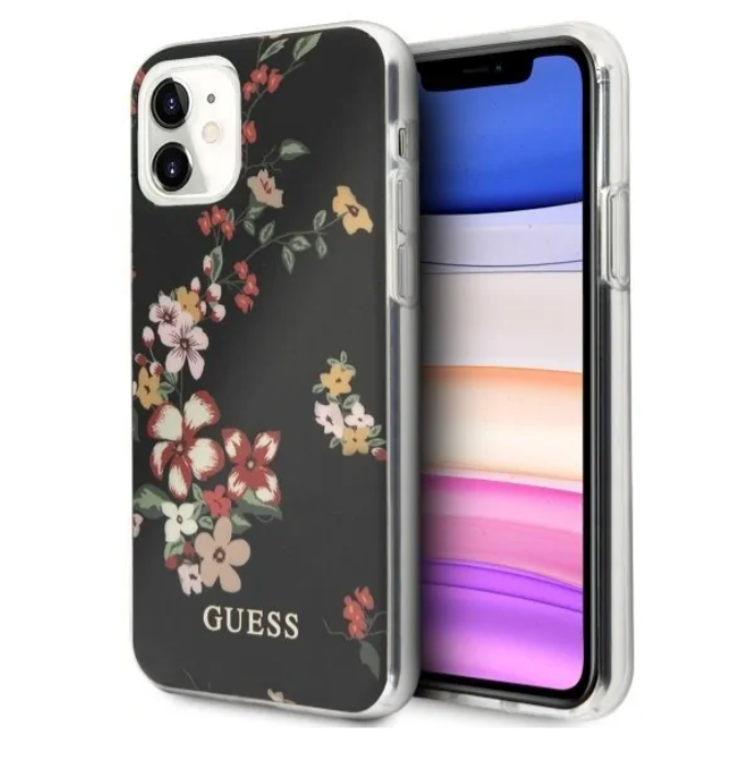 Чехол-накладка для iPhone 11 Guess Flower TPU/PC Hard Shiny N.4, Black (GUHCN61IMLFL04)