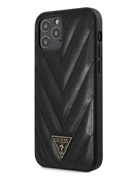 Чехол-накладка для iPhone 12 Pro Max (6.7) Guess Quilted V Triangle metal logo Hard PU, Black (GUHCP12LPUVQTMLBK)