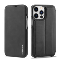 Кожаный чехол-книжка для iPhone 14 Pro Max LC.IMEEKE с магнитным флипом подставкой и разъемом для карт (Black)
