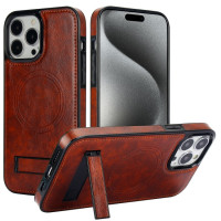 Кожаный чехол для iPhone 15 Pro с MagSafe и подставкой (Brown)
