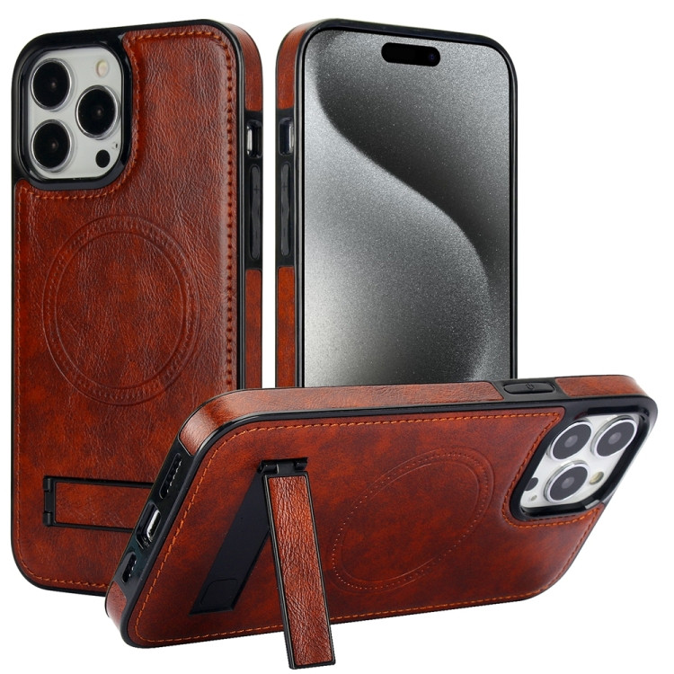 Кожаный чехол для iPhone 15 Pro с MagSafe и подставкой (Brown)