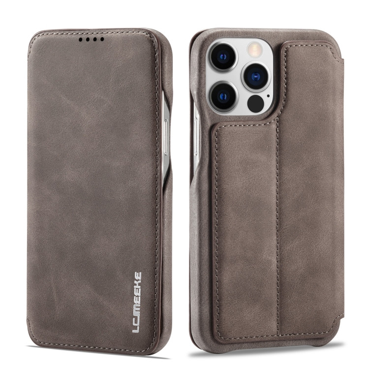 Кожаный чехол-книжка для iPhone 14 Pro Max LC.IMEEKE с магнитным флипом подставкой и разъемом для карт (Brown)