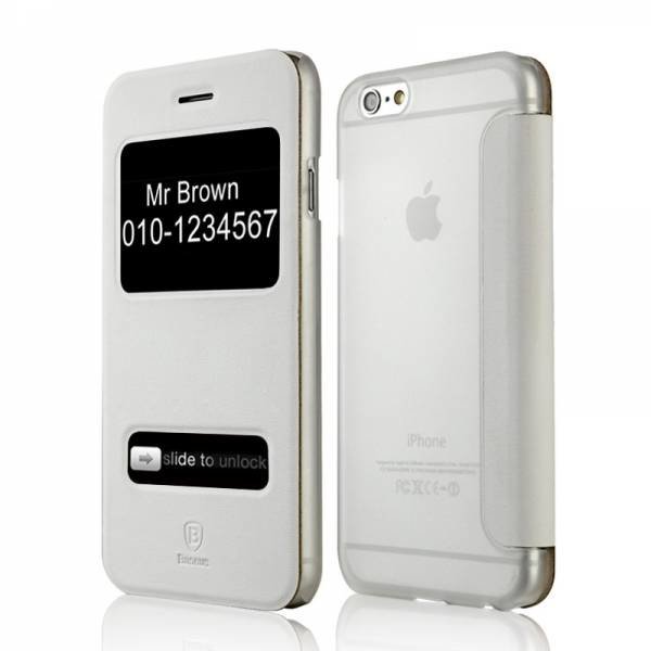 Кожаный чехол книжка Baseus для iPhone 6/6S с двумя окошками на дисплее и подставкой (белый)