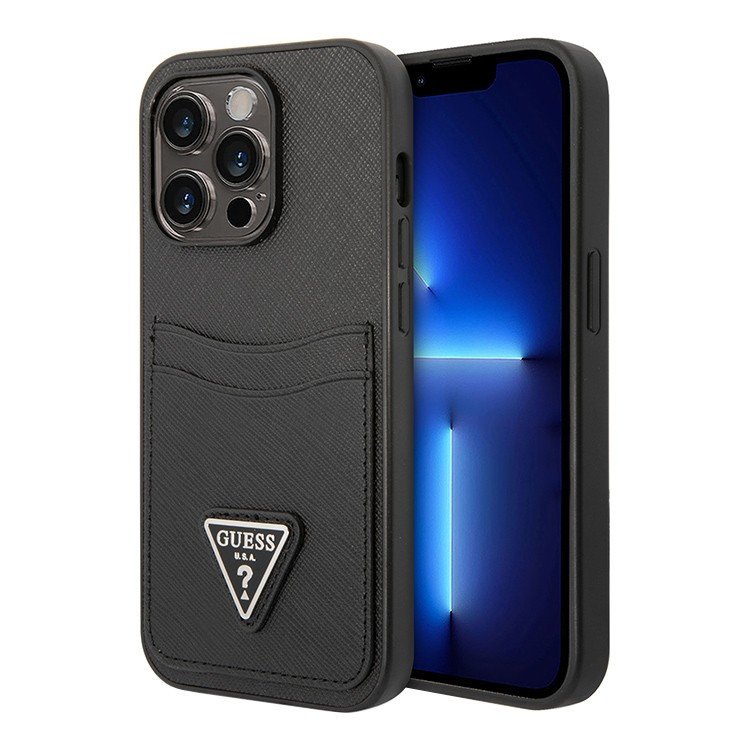 Чехол для iPhone 14 Pro Guess PU Saffiano Double cardslot w Metal triangle logo Hard Black (GUHCP14LPSATPK)