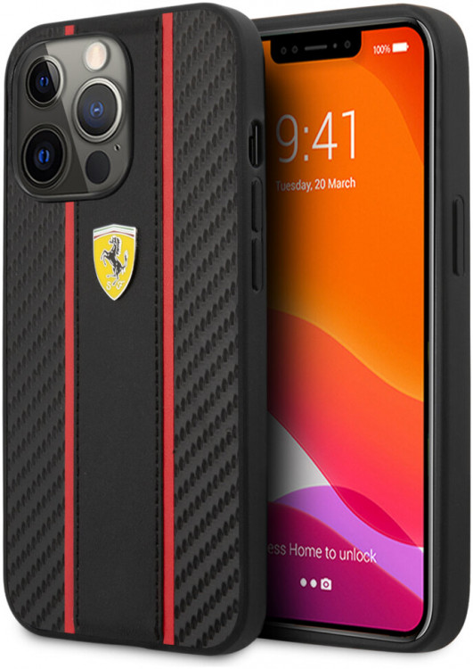 Карбоновый чехол Ferrari для iPhone 13 Pro Max PU Carbon/Smooth with metal logo Hard Black (FESNMHCP13XBK)