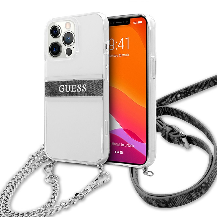 Чехол для iPhone 13 Pro Guess PC/TPU 4G Stripe Hard Tranparent + Silver crossbody chain (GUHCP13LKC4GBSI)