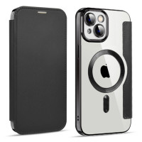 Чехол книжка для iPhone 15 Plus MagSafe RFID с прозрачной панелью и разъемами под карточки (Black)