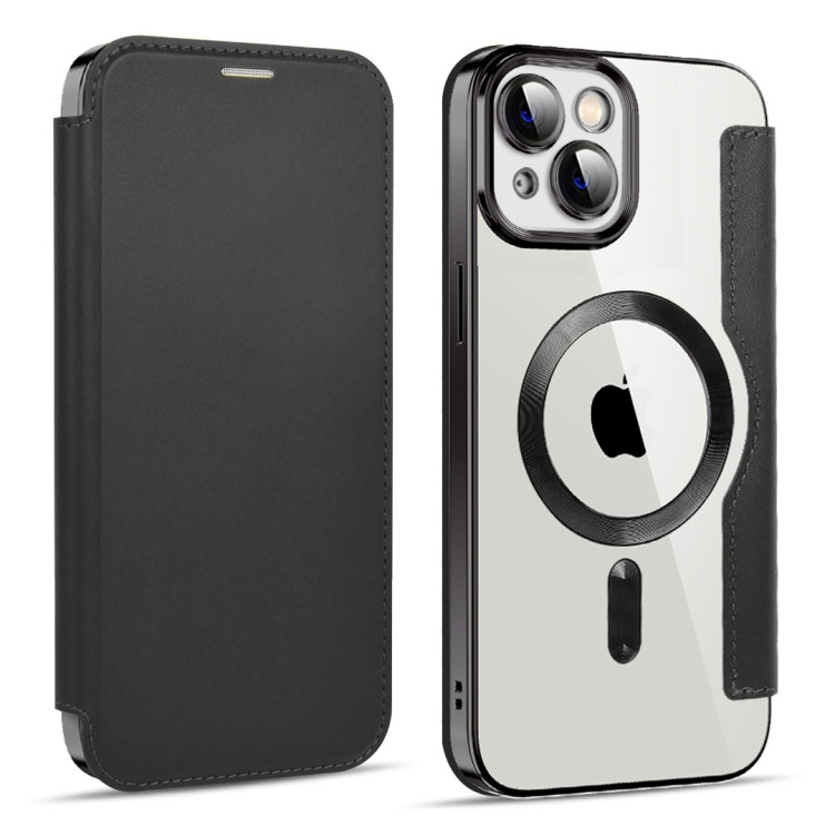 Чехол книжка для iPhone 15 Plus MagSafe RFID с прозрачной панелью и разъемами под карточки (Black)