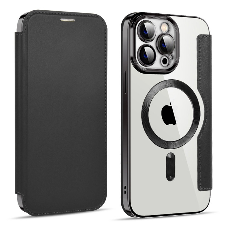 Чехол книжка для iPhone 15 Pro MagSafe RFID с прозрачной панелью и разъемами под карточки (Black)
