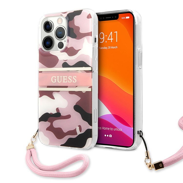 Чехол для iPhone 13 Pro Guess PC/TPU CAMO Hard + Nylon hand cord Pink (GUHCP13LKCABPI)