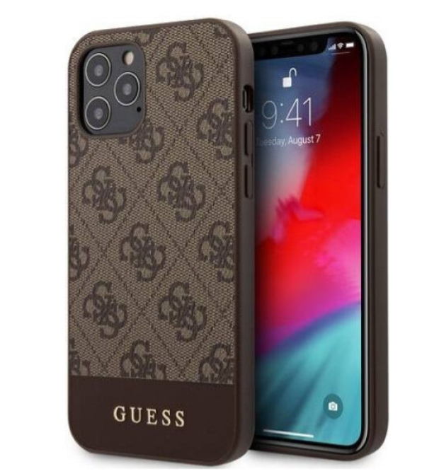 Чехол-накладка для iPhone 12 Pro Max (6.7) Guess 4G Stripe Metal logo Hard PU, Brown (GUHCP12LG4GLBR)