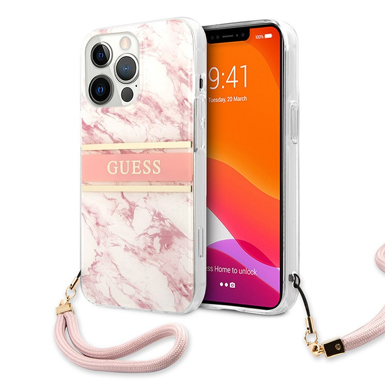 Чехол для iPhone 13 Pro Guess PC/TPU Marble Hard + Nylon hand cord Pink (GUHCP13LKMABPI)