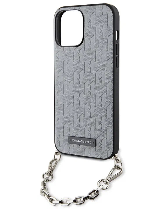 Чехол для iPhone 14 Pro Max Lagerfeld PU Saffiano Monogram + Wrist chain Hard Silver (KLHCP14XSACKLHPG)