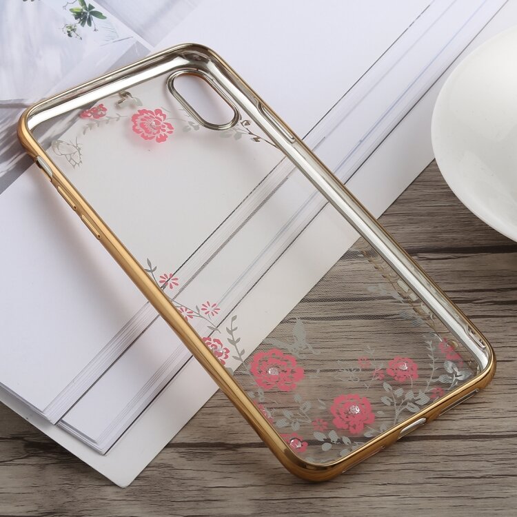 Прозрачный гелевый чехол с цветами для iPhone XS Max с золотистой рамкой (Gold)
