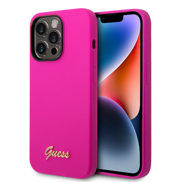 Чехол для iPhone 14 Pro Max Guess Liquid silicone Gold metal logo Hard Fuschia (GUHCP14XSLSMF)