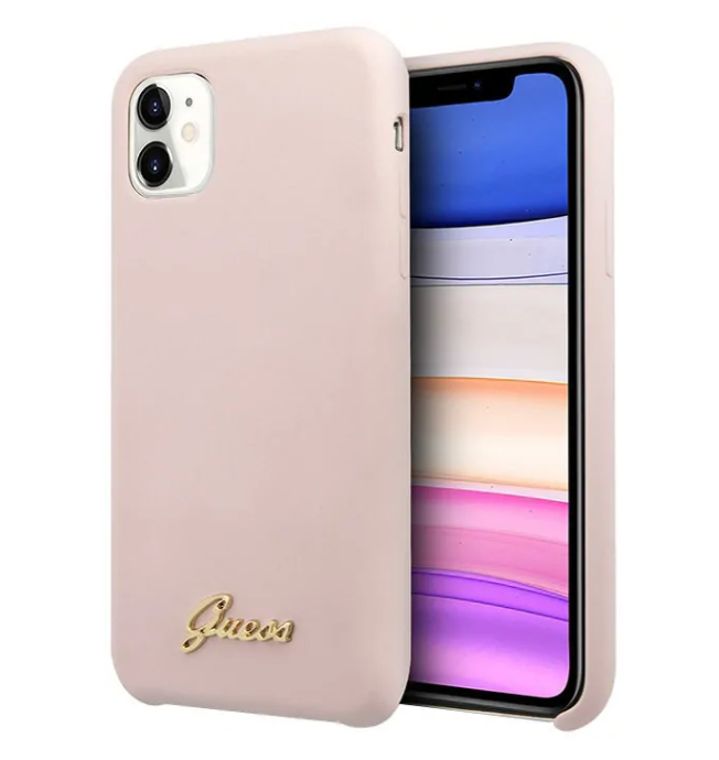 Силиконовый чехол-накладка для iPhone 11 Guess Silicone collection Gold metal logo Hard, Pink (GUHCN61LSLMGPI)