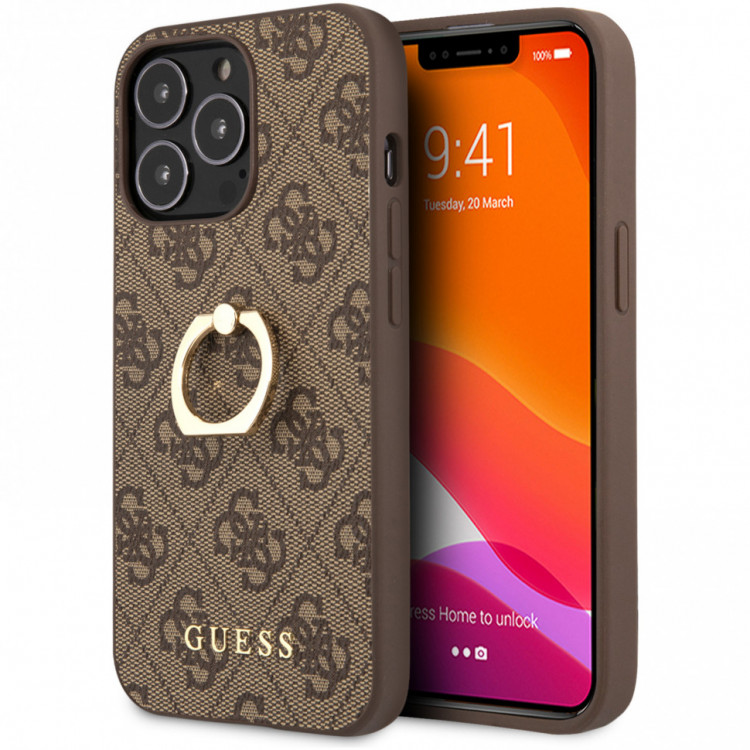 Чехол для iPhone 13 Pro Guess PU 4G + Ring Hard Brown (GUHCP13L4GMRBR)