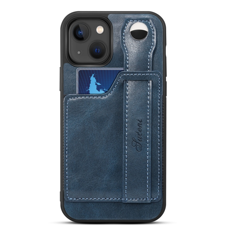 Кожаный чехол Suteni для iPhone 15 Pro с держателем и кармашком для карт (Blue)