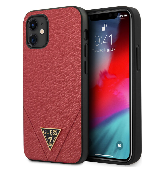 Чехол-накладка для iPhone 12 mini (5.4) Guess PU Saffiano Triangle metal logo Hard, Red (GUHCP12SVSATMLRE)