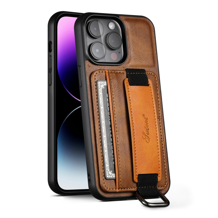Кожаный чехол Suteni для iPhone 12 / 12 Pro с держателем, ремешком на запястье и карманом для карт (Brown) 